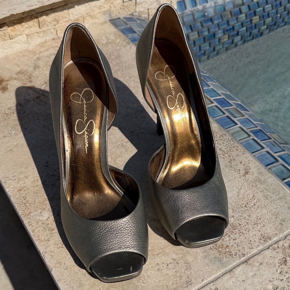 Jessica Simpson Metallic Black Peep Toe Heels